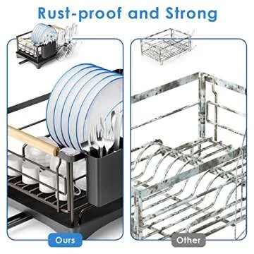 G-TING Dish Drying Rack, Dish Rack for Kitchen Counter, Rust-Proof Dish Drainer with Drying Board and Utensil Holder for Kitchen Counter Cabinet, 16.6” L× 12.6”W× 7.8”H, Bronze