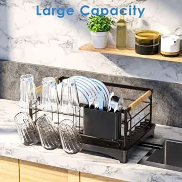 G-TING Dish Drying Rack, Dish Rack for Kitchen Counter, Rust-Proof Dish Drainer with Drying Board and Utensil Holder for Kitchen Counter Cabinet, 16.6” L× 12.6”W× 7.8”H, Bronze