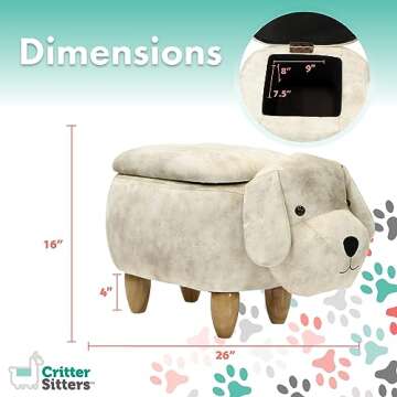 Critter Sitters 15-In. Seat Height Light Gray Dog Animal Shape Storage Ottoman, Foot Stool for Nursery, Bedroom, Playroom, and Living Room Decor, Childrens Furniture