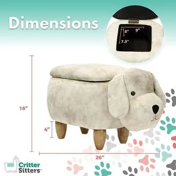 Critter Sitters 15-In. Seat Height Light Gray Dog Animal Shape Storage Ottoman, Foot Stool for Nursery, Bedroom, Playroom, and Living Room Decor, Childrens Furniture