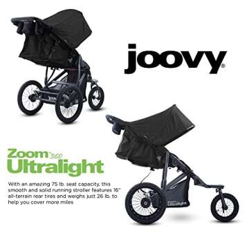 Joovy Zoom360 Ultralight Jogging Stroller Featuring High Child Seat, Shock-Absorbing Suspension, Extra-Large Air-Filled Tires, Parent Organizer, Air Pump, and Easy One-Hand Fold (Black)