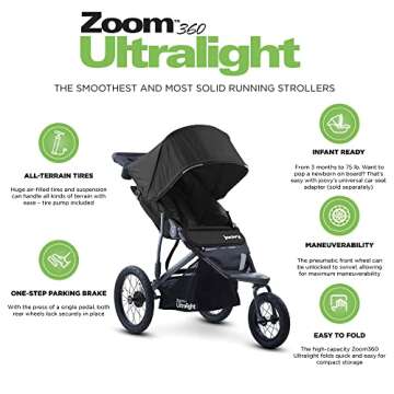 Joovy Zoom360 Ultralight Jogging Stroller Featuring High Child Seat, Shock-Absorbing Suspension, Extra-Large Air-Filled Tires, Parent Organizer, Air Pump, and Easy One-Hand Fold (Black)