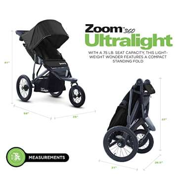 Joovy Zoom360 Ultralight Jogging Stroller Featuring High Child Seat, Shock-Absorbing Suspension, Extra-Large Air-Filled Tires, Parent Organizer, Air Pump, and Easy One-Hand Fold (Black)