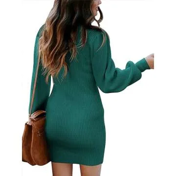 ANRABESS Womens Sweater Dress Long Sleeve Mock Neck Slim Bodycon Rib Knit Fall Short Mini Wedding Guest Party Dresses 2023 Trendy Outfit Maternity Outfit A145shuicaolv-L Green