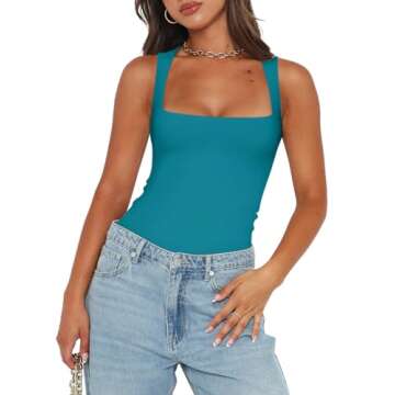 REORIA Butsmooth® Women’s Sexy Sleeveless Square Neck Double Lined Basic Bodysuit Tank Tops