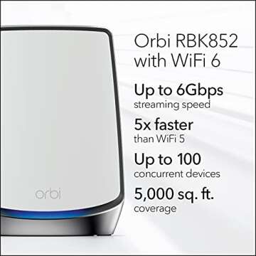 NETGEAR Orbi Whole Home Tri-band WiFi 6 Mesh Network System (RBK852) – Router With 1 Satellite Extender -Security Features - Coverage Up to 5,000 sq. ft., 100 Devices - AX6000 (Up to 6Gbps)