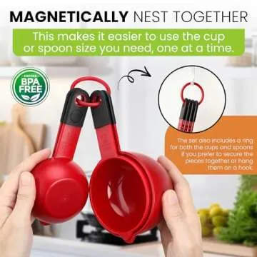 Spring Chef Red Magnetic Measuring Cups and Spoons Set of 9, Stackable Plastic Kitchen Gadget with E...