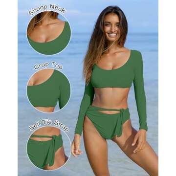 GirlsUpto Womens Two Piece Swimsuits High Waisted Bikini Set Rash Guard Bathing Suit Long Sleeve Swimwear Crop Top Teen Girls