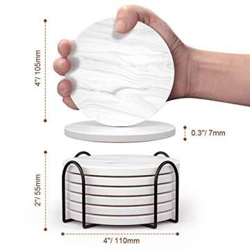 Funria Absorbent Coasters for Drinks Ceramic Marble Style Coasters with Holder and Cork Base Set of 6 Unique Housewarming Gift for Men and Women Stone Coasters