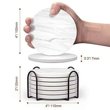 Funria Absorbent Coasters for Drinks Ceramic Marble Style Coasters with Holder and Cork Base Set of 6 Unique Housewarming Gift for Men and Women Stone Coasters