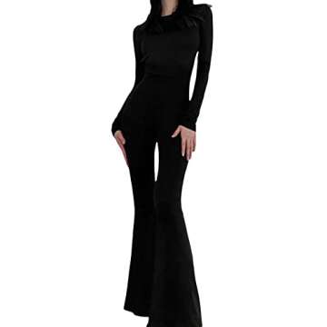 NUFIWI Women Sexy Backless Jumpsuit Elegant Long Sleeve Straight Wide Leg Pants Clubwear Romper Knitted Jumpsuit (Black, M)