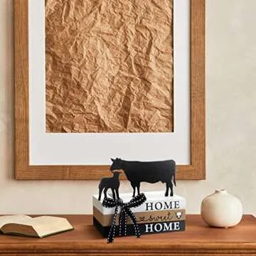 Geetery 5 Pcs Wood Farm Decor Farmhouse Sign Farm Home Tiered Tray Decor Rustic Mini Wood Book Stacks Table Decorations for Home Living Room Table Sign (Cow)