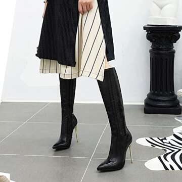 Women's Knee High Boots Sexy Pointed Toe Stiletto High Heel Boots Side Zipper Fashion Party Dress Boots (Black,7.5)
