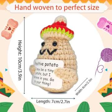 Adorable Handmade Knitted Positive Mini Funny Potato Sombrero Doll, 3 inch Mini Knitted Wool Potato Doll with Positive Card, Gift Idea for Birthday, Mexico Style Decoration with Sombrero