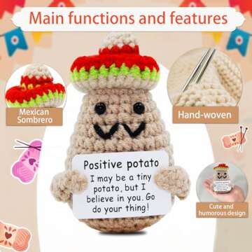 Adorable Handmade Knitted Positive Mini Funny Potato Sombrero Doll, 3 inch Mini Knitted Wool Potato Doll with Positive Card, Gift Idea for Birthday, Mexico Style Decoration with Sombrero
