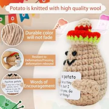 Adorable Handmade Knitted Positive Mini Funny Potato Sombrero Doll, 3 inch Mini Knitted Wool Potato Doll with Positive Card, Gift Idea for Birthday, Mexico Style Decoration with Sombrero