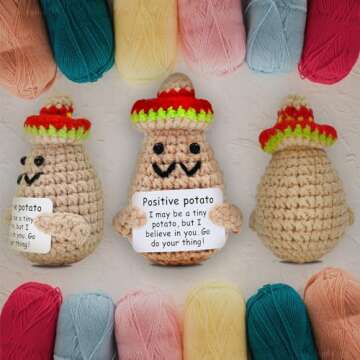 Adorable Handmade Knitted Positive Mini Funny Potato Sombrero Doll, 3 inch Mini Knitted Wool Potato Doll with Positive Card, Gift Idea for Birthday, Mexico Style Decoration with Sombrero