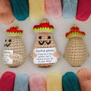 Adorable Handmade Knitted Positive Mini Funny Potato Sombrero Doll, 3 inch Mini Knitted Wool Potato Doll with Positive Card, Gift Idea for Birthday, Mexico Style Decoration with Sombrero