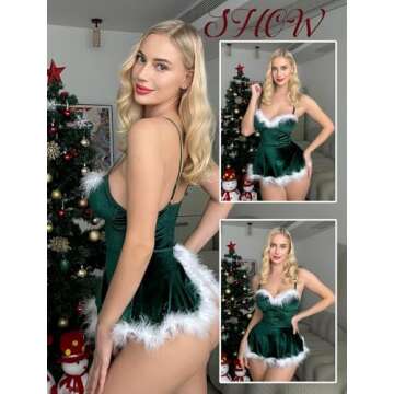 Avidlove Sexy Christmas Costumes for Women Babydoll Santa Lingerie Velvet Christmas Lingerie（Green...