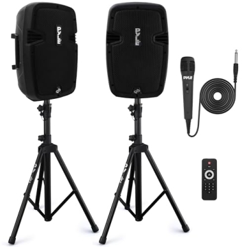Pyle Powered PA Speaker System – Bluetooth Loudspeakers with Stands and Microphone Kit