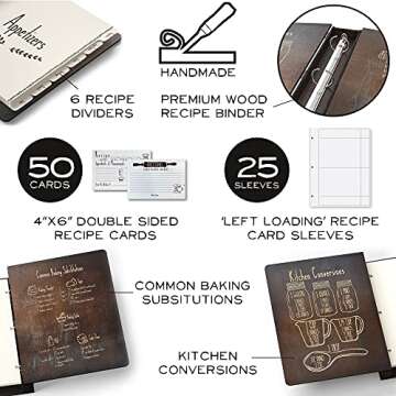 Wood Recipe Book Binder (3 Ring) - Includes 25 Plastic (8.5" x 11") Left Loading Sleeves (Holds 50 Recipe Cards) - 50 (4"x6") Double Sided Recipe Cards - 6 Index/Recipe Dividers - 2" Binder