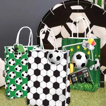 Mpanwen Soccer Goodie Bags, 16 Pcs Soccer Ball Themed Party Favor Candy Treat Gifts Bags With Handle for Birthday Baby Shower Holiday Party Decorations
