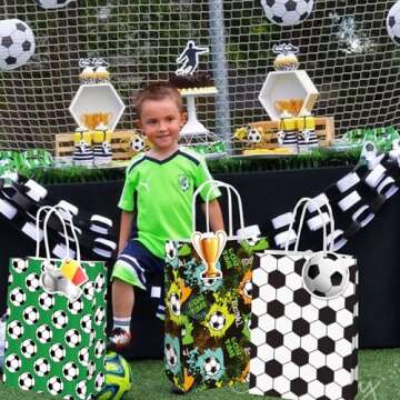 Mpanwen Soccer Goodie Bags, 16 Pcs Soccer Ball Themed Party Favor Candy Treat Gifts Bags With Handle for Birthday Baby Shower Holiday Party Decorations