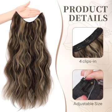 KooKaStyle Invisible Wire Hair Extensions with Transparent Headband Adjustable Size 4 Secure Clips L...