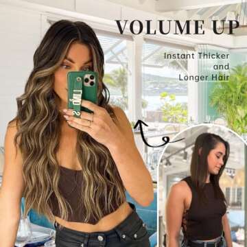 KooKaStyle Invisible Wire Hair Extensions with Transparent Headband Adjustable Size 4 Secure Clips Long Wavy Highlight Synthetic Hairpieces 20 Inch Balayage Chocolate Brown to Caramel Blonde for Women