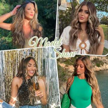 KooKaStyle Invisible Wire Hair Extensions with Transparent Headband Adjustable Size 4 Secure Clips Long Wavy Highlight Synthetic Hairpieces 20 Inch Balayage Chocolate Brown to Caramel Blonde for Women