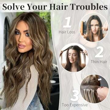 KooKaStyle Invisible Wire Hair Extensions with Transparent Headband Adjustable Size 4 Secure Clips Long Wavy Highlight Synthetic Hairpieces 20 Inch Balayage Chocolate Brown to Caramel Blonde for Women