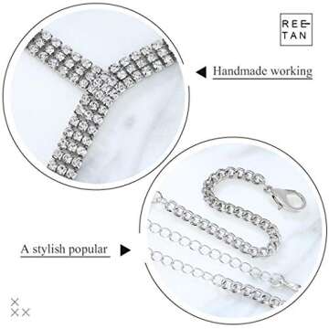 Reetan Boho Rhinestone Body Chain Silver Crystal Choker Chest Chains Rave Party Belly Chain Nightclub Body Jewelry Accessories for Women and Girls