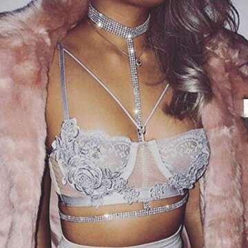 Reetan Boho Rhinestone Body Chain Silver Crystal Choker Chest Chains Rave Party Belly Chain Nightclub Body Jewelry Accessories for Women and Girls