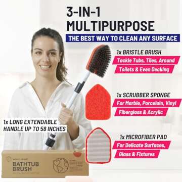 Moku Home Shower Scrubber 3 in 1 Extendable Long Handle 58" Cleaning Brush - Non Scratch Shower Brus...