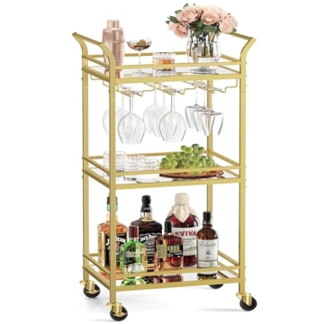 VASAGLE Bar Cart, Home Bar Serving Cart, Small Bar Cart with 3-Tier Shelf, Wine Holders, Glass Holde...