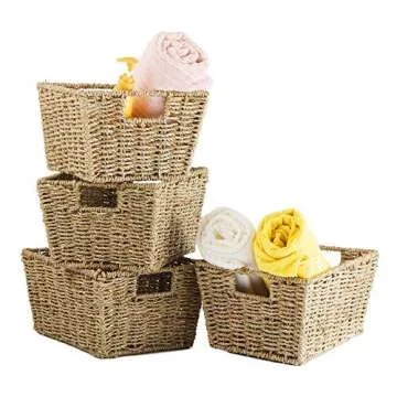 Set of 4 Seagrass Storage Baskets | Handwoven with Insert Handles | Laundry Organizer Totes for Home and Bathroom Organization(Natural)
