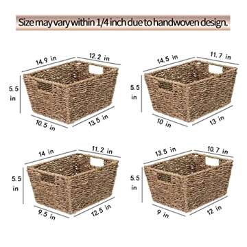 Set of 4 Seagrass Storage Baskets | Handwoven with Insert Handles | Laundry Organizer Totes for Home and Bathroom Organization(Natural)