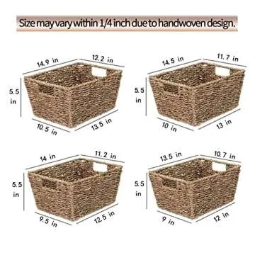 Set of 4 Seagrass Storage Baskets | Handwoven with Insert Handles | Laundry Organizer Totes for Home and Bathroom Organization(Natural)