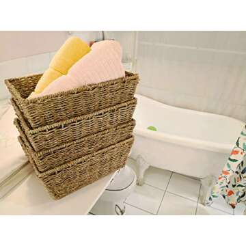 Set of 4 Seagrass Storage Baskets | Handwoven with Insert Handles | Laundry Organizer Totes for Home and Bathroom Organization(Natural)