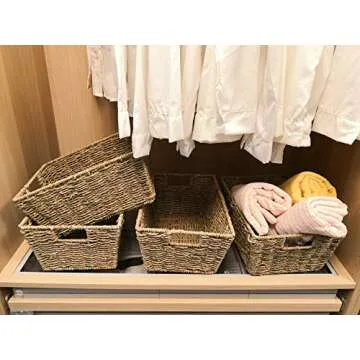 Set of 4 Seagrass Storage Baskets | Handwoven with Insert Handles | Laundry Organizer Totes for Home and Bathroom Organization(Natural)