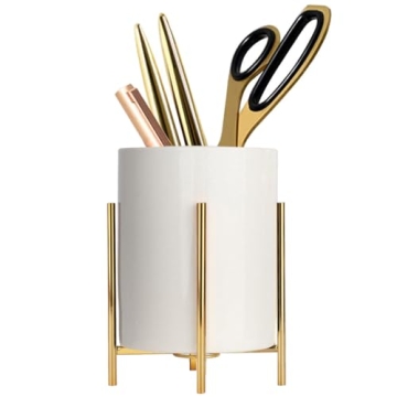 SIEBOLD Gold Ceramic Pen Cup - Elegant Desk Organizer with Metal Frame