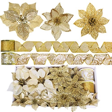 Winlyn 26 Set 3 Style Christmas Gold Glitter Poinsettia Flowers Picks Xmas Tree Ornaments and 20 Yar...