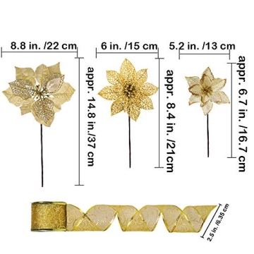 Winlyn Gold Glitter Poinsettia Flowers & Ribbons Set