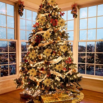 Winlyn Gold Glitter Poinsettia Flowers & Ribbons Set