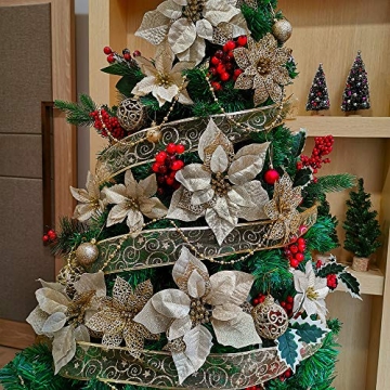 Winlyn Gold Glitter Poinsettia Flowers & Ribbons Set