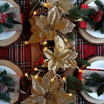 Winlyn Gold Glitter Poinsettia Flowers & Ribbons Set