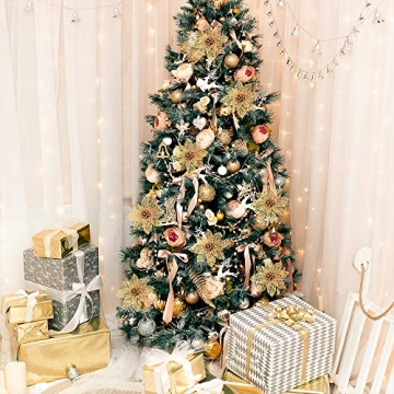 Winlyn Gold Glitter Poinsettia Flowers & Ribbons Set