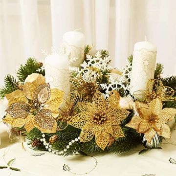 Winlyn Gold Glitter Poinsettia Flowers & Ribbons Set