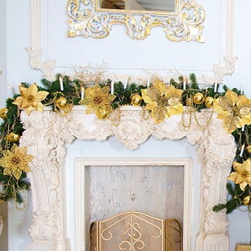 Winlyn Gold Glitter Poinsettia Flowers & Ribbons Set