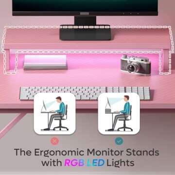 Bestier Small Gaming Desk with Monitor Stand, 42 inch LED Computer Desk, Gamer Workstation with Cup Holder & Headset Hooks, Modern Simple Style Desk for Home Office, Carbon Fiber Pink